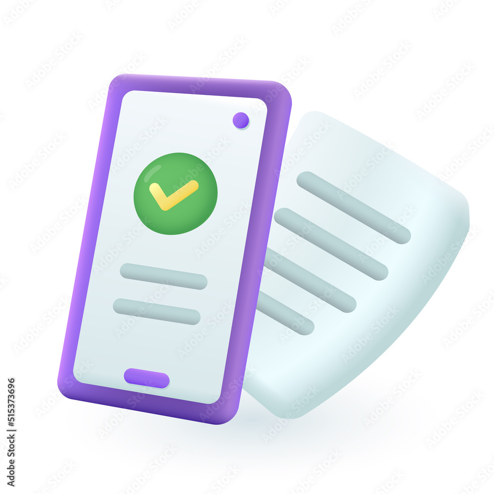 3d cartoon style checkmark on phone screen icon. Success message notification or document scanning on white background flat vector illustration. Paperwork, agreement concept 3d cartoon style checkmark on phone screen icon. Success message notification or document scanning on white background flat vector illustration. Paperwork, agreement concept