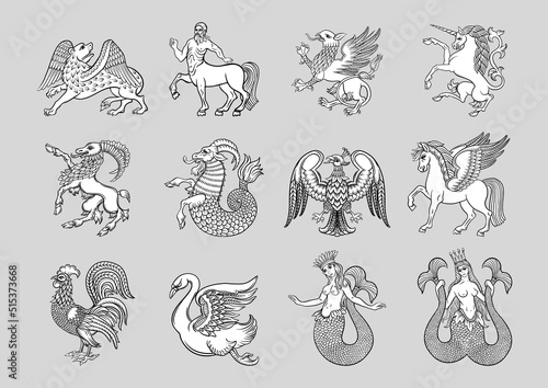 Heraldic mythical animals and creatures. Traditional character styles for coats of arms and shields. Clip art, set of elements for design Vector illustration.