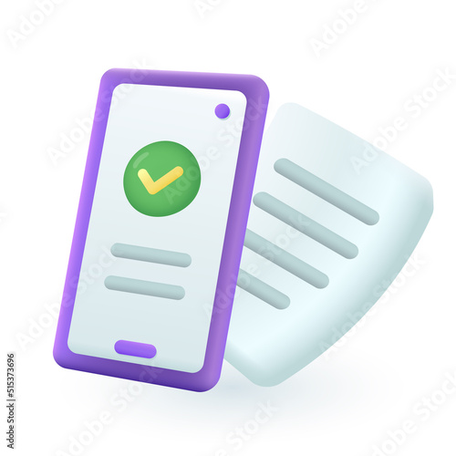 3d cartoon style checkmark on phone screen icon. Success message notification or document scanning on white background flat vector illustration. Paperwork, agreement concept