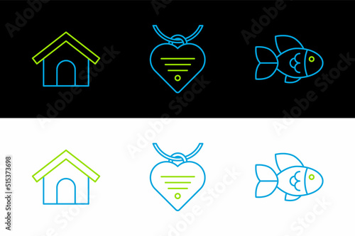 Set line Fish, Dog house and Collar with name tag and heart icon. Vector