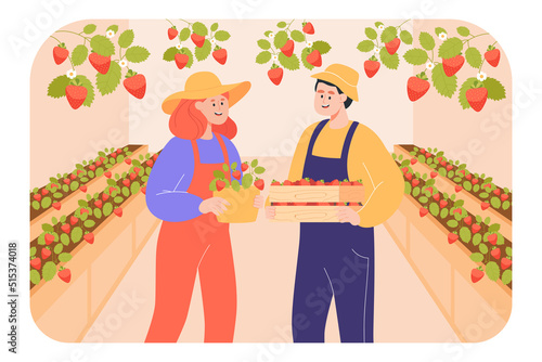 Farmers with baskets of strawberries flat vector illustration. Young man and woman picking berries in greenhouse or strawberry farm, reaping harvest. Agriculture, growth, ecology, gardening concept