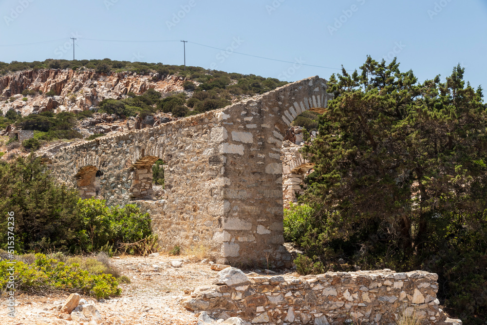 Paros Greece. 06-05-2022. Remains of old building and wall in the mountain at Paros island. Greece.