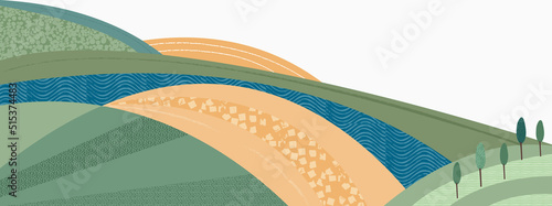 Abstract farm field collage background. Agro land backdrop, farmland landscape vector illustration with texture. Oriental decorative banner, eco design, green rural panorama, ecology art header