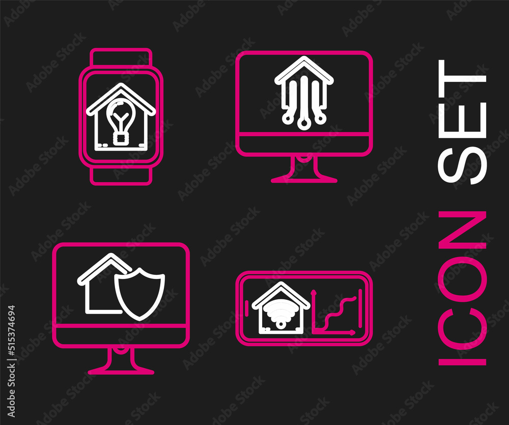 Set line Mobile phone with smart home with wi-fi, Computer monitor house under protection, and Smart watch and light bulb icon. Vector Set line Mobile phone with smart home with wi-fi, Computer monitor house under protection, and Smart watch and light bulb icon. Vector