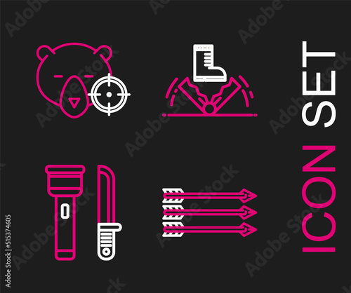 Set line Hipster arrows, Flashlight and knife, Trap hunting and Hunt on bear with crosshairs icon. Vector
