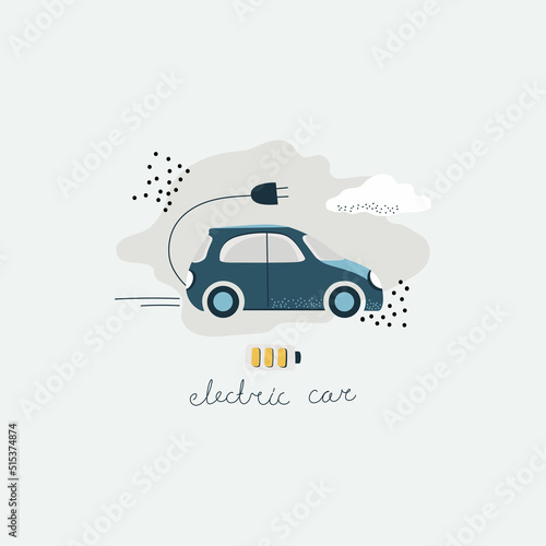 compact electric car with plug for charging. Ecological machine with renewable energy. Vector illustration. Drawing for banner, poster or social media.
