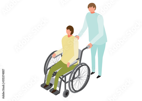 アイソメトリック＿車椅子に乗った男性と車椅子を押す男性