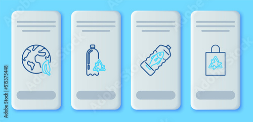 Set line Recycling plastic bottle, Stop ocean pollution, Earth globe and leaf and Plastic bag with recycle icon. Vector