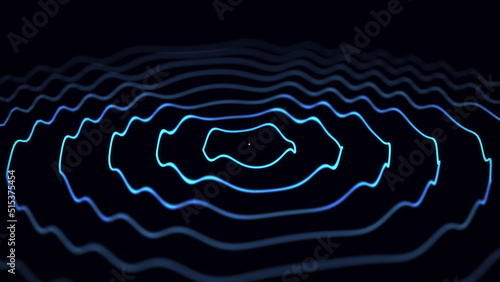 Digital vibration and sound wave. Circle blue pulse wave with points and particles on the dark background. 3D rendering.