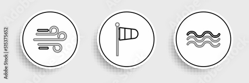 Set line Waves, Wind and Cone meteorology windsock wind vane icon. Vector