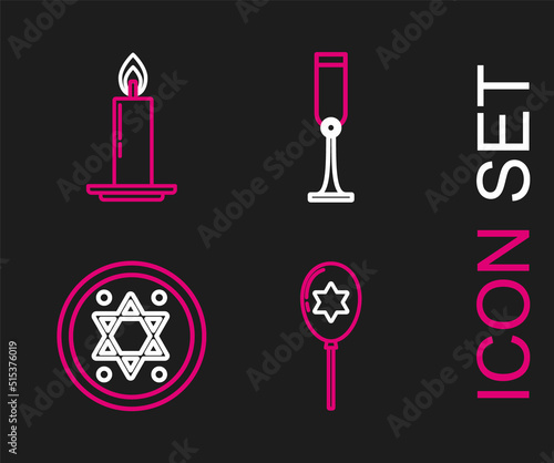 Set line Balloons with ribbon with star of david  Jewish coin  goblet and Burning candle candlestick icon. Vector