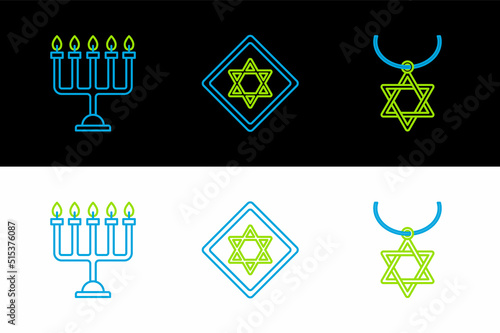 Set line Star of David necklace on chain, Hanukkah menorah and icon. Vector