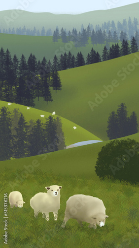 Sheep on mountain landscape for wallpaper, postcards, posters, banners, travel advertising, nature background