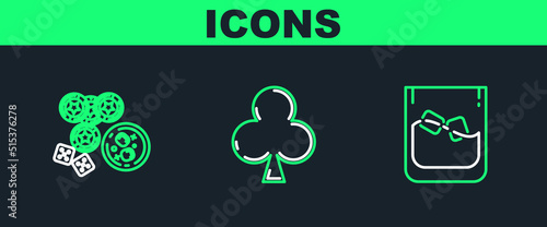Set line Glass of whiskey and ice cubes, Casino chips, game dice glass with and Playing card clubs symbol icon. Vector