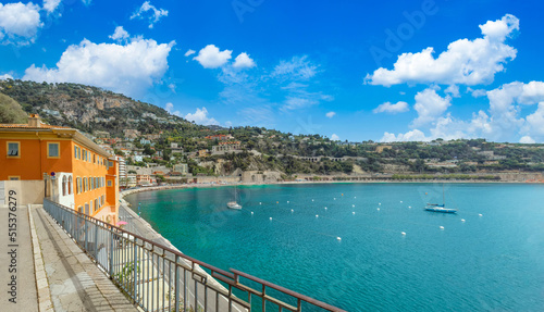 France, French Riviera, panoramic view of Villefranche old city and sea promenade.