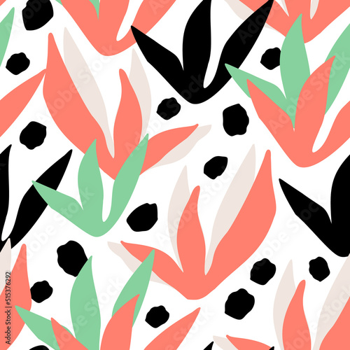 Hand drawn brush strokes, floral cut outs seamless pattern