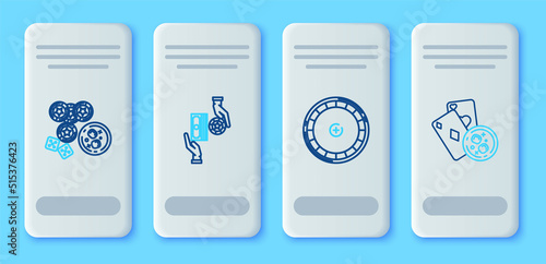 Set line Casino chips exchange on stacks of dollars, roulette wheel, chips, game dice and glass whiskey with ice cubes and Playing cards icon. Vector
