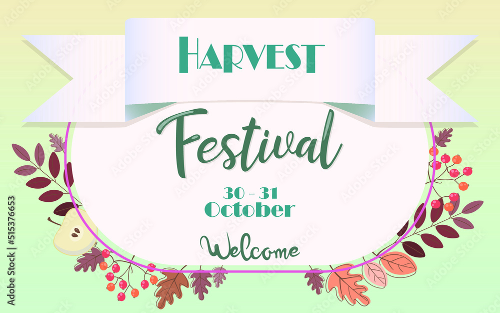 Harvest Festival Template with  Leaves and Handwritten Lettering. Design for Poster, Banner, Invitation, Flyer, Card.
