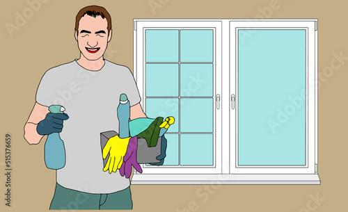 man cleaning window squeegee spray vector illustration