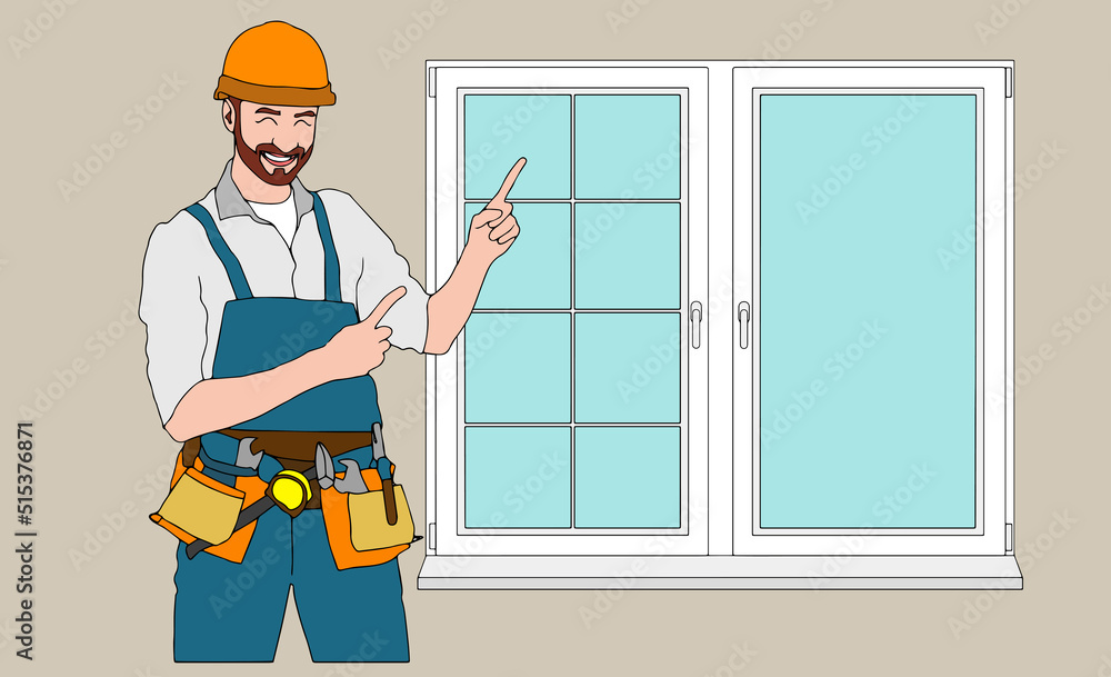 Plastic windows install and repair service. Installer worker in uniform with tools holding a new glass frame. Master installing and fixing windows in apartment. Building construction industry Plastic windows install and repair service. Installer worker in uniform with tools holding a new glass frame. Master installing and fixing windows in apartment. Building construction industry