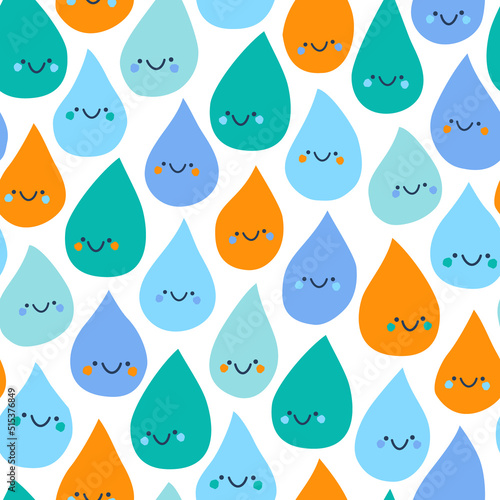 Bold childish seamless pattern with smiley rain drops. Cute colorful characters background in cartoon style