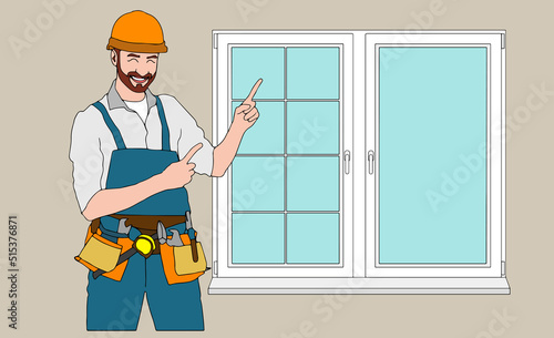Plastic windows install and repair service. Installer worker in uniform with tools holding a new glass frame. Master installing and fixing windows in apartment. Building construction industry