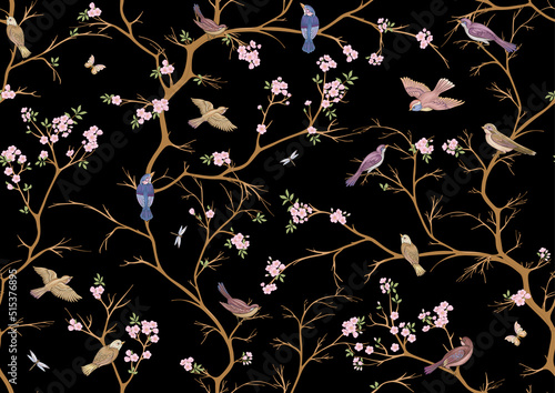 Cherry blossom branches against the sky with sparrow, finches. Seamless pattern, background. Vector illustration. Chinoiserie, traditional oriental botanical motif. In botanical style