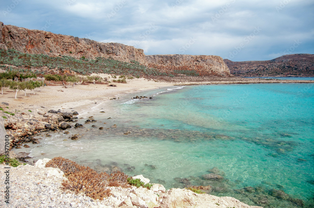 Blue lagoon among rocks with clear azure water, Gramvousa beach, Crete, Greece.