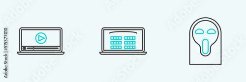 Set line Funny and scary ghost mask, Online play video and Buy cinema ticket online icon. Vector