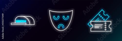 Set line Cinema ticket, Cap with inscription director and Drama theatrical mask icon. Glowing neon. Vector