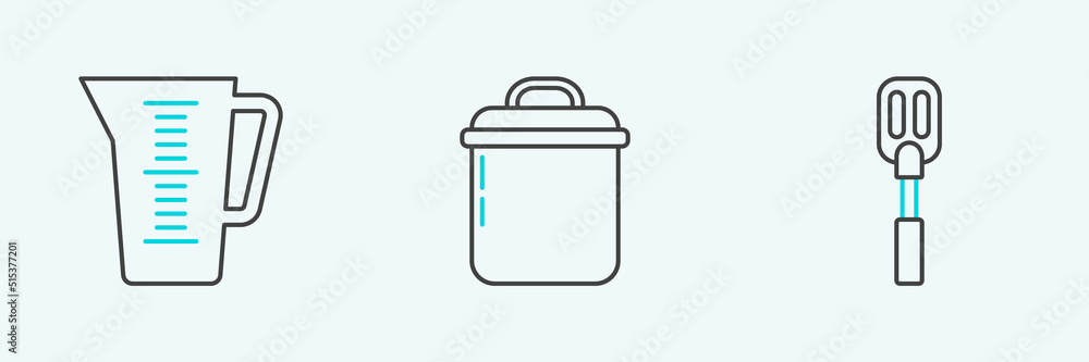 Set line Spatula, Measuring cup and Cooking pot icon. Vector Set line Spatula, Measuring cup and Cooking pot icon. Vector