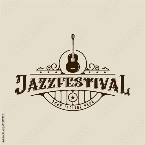 acoustic guitar logo vector vintage illustration template icon graphic design. jazz festival sign or symbol for concert with retro style