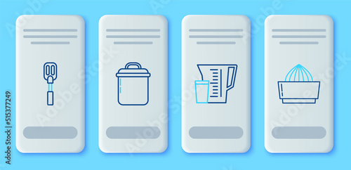 Set line Cooking pot, Measuring cup, Spatula and Citrus fruit juicer icon. Vector