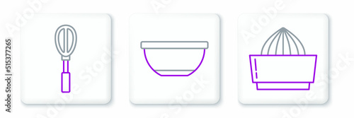 Set line Citrus fruit juicer, Kitchen whisk and Bowl icon. Vector