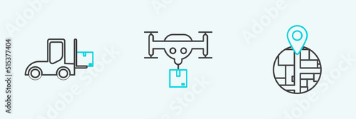 Set line , Forklift truck and Delivery drone with the package icon. Vector
