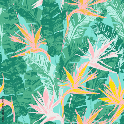 Bright grunge tropical flowers and leaves background. Hand drawn exotic seamless pattern
