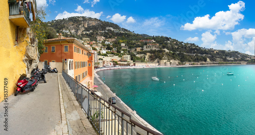 France, French Riviera, panoramic view of Villefranche old city and sea promenade.