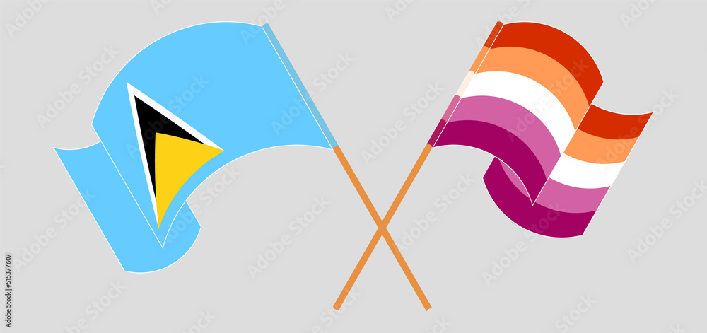 Crossed and waving flags of Saint Lucia and Lesbian Pride Crossed and waving flags of Saint Lucia and Lesbian Pride