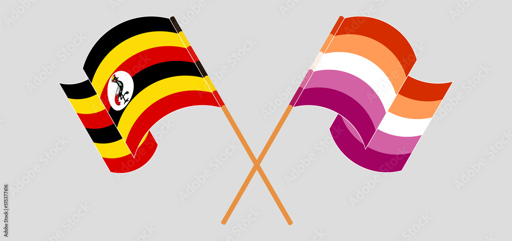 Crossed and waving flags of Uganda and Lesbian Pride Crossed and waving flags of Uganda and Lesbian Pride