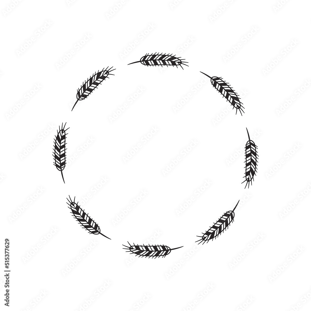 Round wreath with abstract sprigs of wheat, rye, grain. Symbol of bread, harvest. Decorative plant frame. Black and white outline drawing. Border in the form of bird feathers. Engraving, modern design Round wreath with abstract sprigs of wheat, rye, grain. Symbol of bread, harvest. Decorative plant frame. Black and white outline drawing. Border in the form of bird feathers. Engraving, modern design