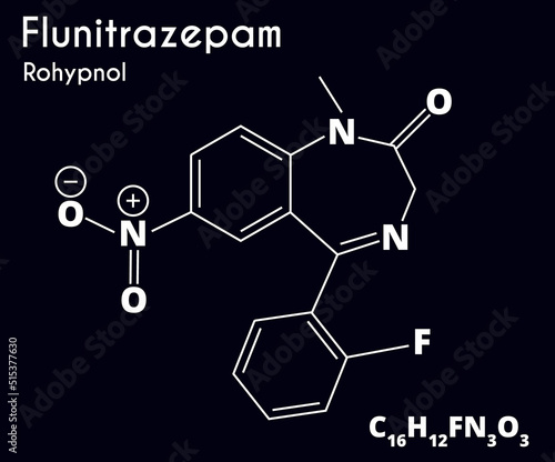 Flunitrosepam molecule isolated on black background. Recreational drug. Vector illustration.