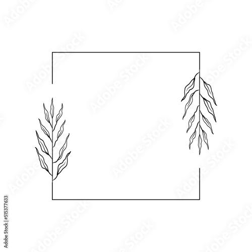 Delicate square frame with sprigs of abstract plant. Floral rectangular simple border. Modern logo  geometric design  linear style. Vector illustration isolated on white background. Branches wavy long