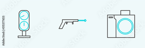 Set line Photo camera for diver, Gauge scale and Fishing harpoon icon. Vector