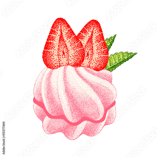 Strawberry cake. Airy meringue pink, marshmallow, zefir. Sweetness, dessert with strawberries flavor. Hand drawn vector Illustrations. Engraved sketch