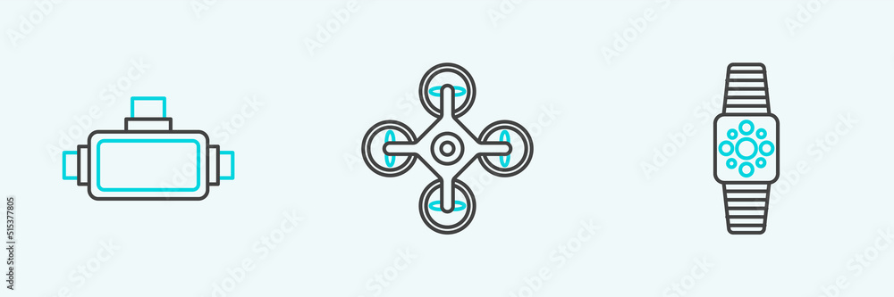 Set line Smartwatch, Virtual reality glasses and Drone icon. Vector Set line Smartwatch, Virtual reality glasses and Drone icon. Vector