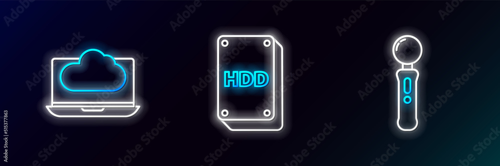 Set line Gamepad, Cloud technology data transfer and storage and Hard disk drive HDD icon. Glowing neon. Vector