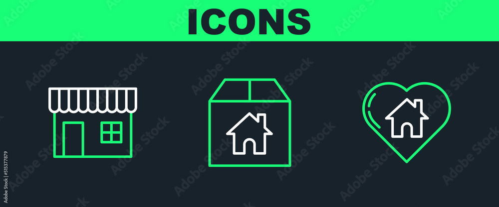 Set line House with heart shape, Shopping building or market store and Cardboard box house icon. Vector Set line House with heart shape, Shopping building or market store and Cardboard box house icon. Vector