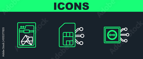 Set line Remote control, 3D printer and Sim card icon. Vector
