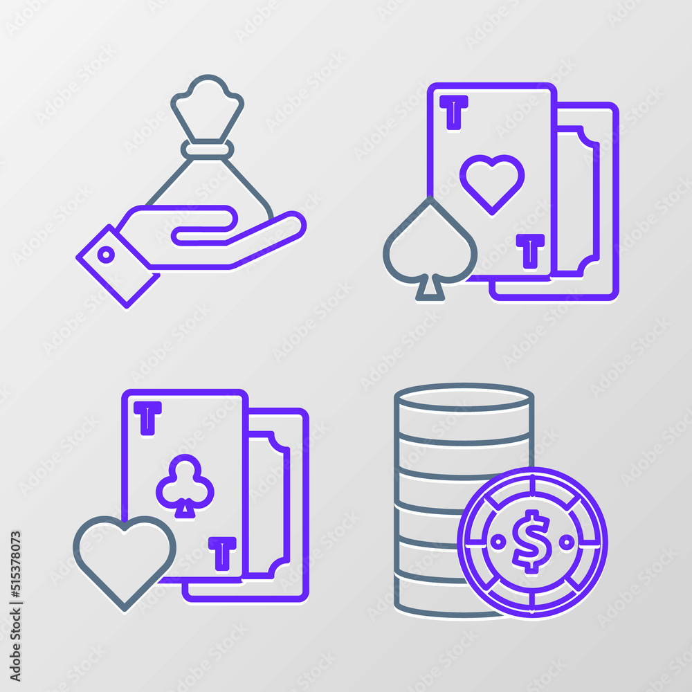 Set line Casino chip with dollar, Playing card clubs symbol, heart and Hand holding money bag icon. Vector Set line Casino chip with dollar, Playing card clubs symbol, heart and Hand holding money bag icon. Vector