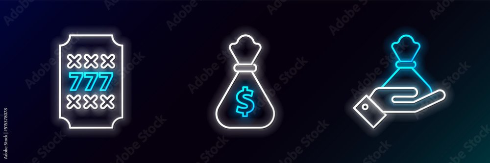 Set line Hand holding money bag, Slot machine with lucky sevens jackpot and Money icon. Glowing neon. Vector